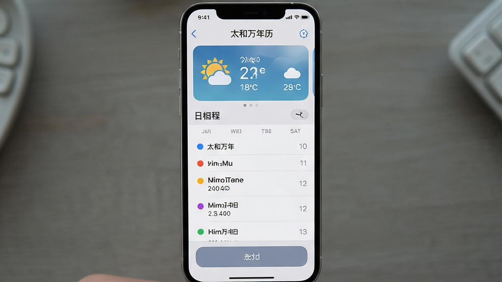 太和万年历日程提醒与天气显示界面,主体为手机屏幕,布局上方为天气信息卡片,中部为日程列表,下方为添加按钮,排版简洁明了,风格为清爽素雅浅灰质感,细节上天气图标生动,日程条目前有彩色圆点标记,画质高清,干净无多余元素