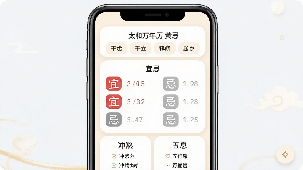 太和万年历黄历宜忌页面展示,主体为手机屏幕显示黄历详情,布局上方为日期与干支,中部为宜忌列表,下方为冲煞与五行信息,排版层次分明,风格为柔和圆角卡片式设计,细节上宜字用红色底纹,忌字用灰色底纹,画质高清,干净整洁,无多余装饰