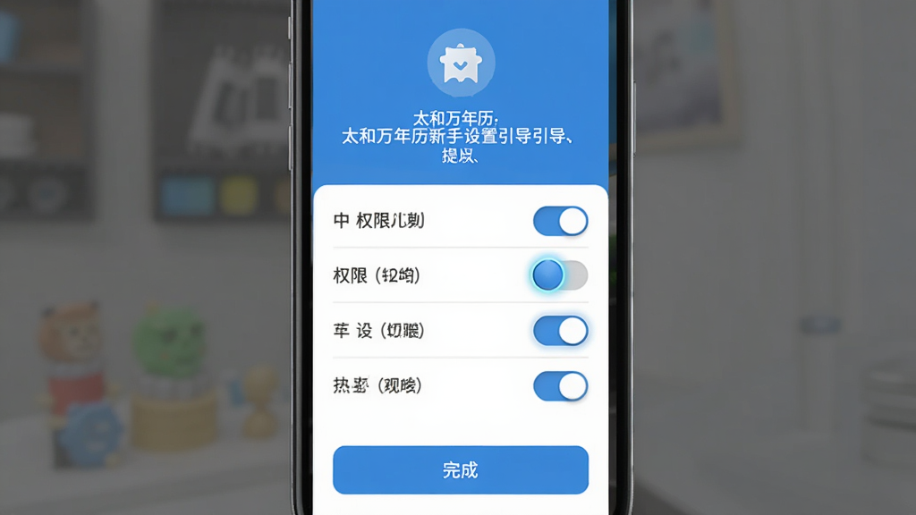 太和万年历新手设置引导界面,主体为手机屏幕显示权限开启提示,布局上方为图标与说明文字,中部为权限开关列表,下方为完成按钮,排版清晰,风格为扁平化蓝色调,细节上开关按钮有高亮状态,画质高清,干净无多余元素