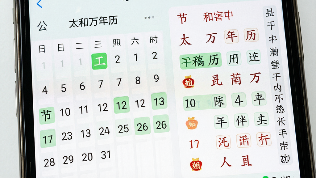 太和万年历日历查询功能界面特写,主体为手机屏幕显示多历法对照视图,布局左侧为公历月历,右侧为农历与干支信息,排版清晰有序,风格为清新浅色系,细节上节气文字用绿色高亮,节日图标精致小巧,画质高清,干净无杂乱