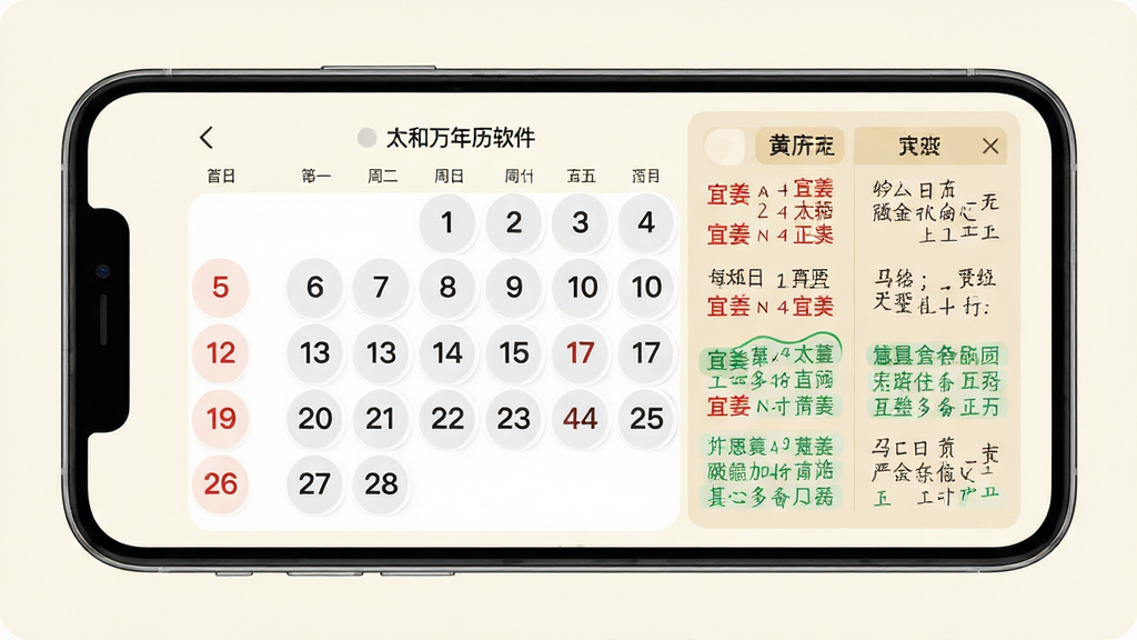 太和万年历软件主界面全貌展示,画面中央为手机屏幕,屏幕内显示清晰的日历网格与黄历信息面板,背景为淡雅的米白色,布局采用居中对称式排版,风格为现代简约扁平化设计,细节上日历数字圆润清晰,宜忌文字用红色与绿色区分,画质高清,干净整洁,无多余元素