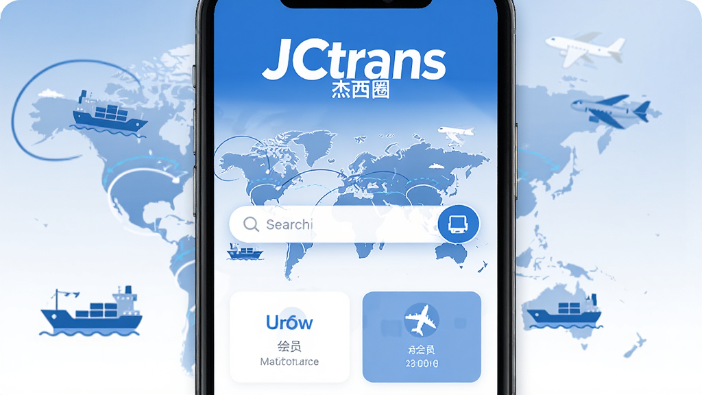 手机屏幕中央展示JCtrans应用程序的主界面,界面顶部有醒目的JCtrans标志和杰西圈字样,背景是简洁的蓝白配色,画面中包含全球地图的抽象线条、物流货轮与飞机的简笔图标,布局采用居中构图,风格为现代扁平化商务科技风,细节上突出搜索栏与会员卡片,画质高清,画面干净,无多余元素