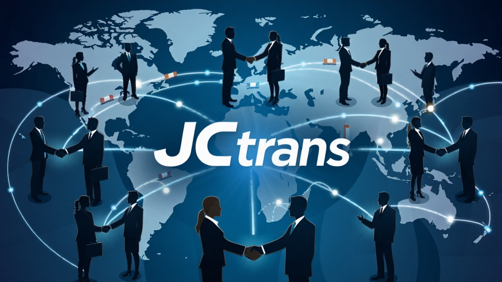 一幅展示全球物流网络的插画,画面中心是发光的JCtrans标志,周围环绕着不同肤色的商务人士剪影,他们通过发光的线条相互连接,背景是抽象的世界地图与运输航线,布局为放射状构图,风格为科技感与商务感结合的矢量插画,细节上体现握手合作与数据流动,画质清晰,画面干净,无多余元素