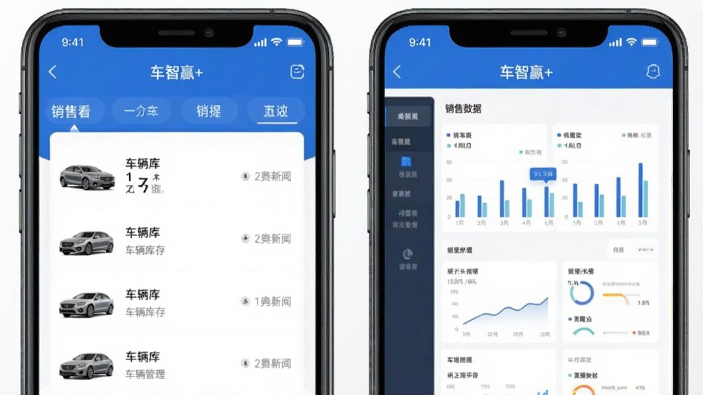 车智赢+ 二手车管理软件 手机端界面展示 车辆库存列表 销售数据看板 蓝色商务风格 干净整洁 无多余元素