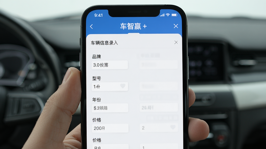 车智赢+ 软件界面 车辆信息录入页面 包含品牌 型号 年份 价格等字段 手机屏幕展示 简洁清晰 无杂乱元素
