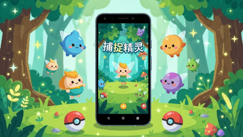 整体画面以明亮奇幻森林为背景,中央放置一部安卓手机,手机屏幕显示捕捉精灵游戏界面,有多个圆润可爱的精灵角色围绕手机飞舞,画面下方散落精灵球道具,整体采用扁平卡通风格,配色清新明快,构图居中对称,细节包含草丛、光斑、星光点缀,画质清晰干净,无多余杂乱元素,画面中悬浮文字“捕捉精灵”
