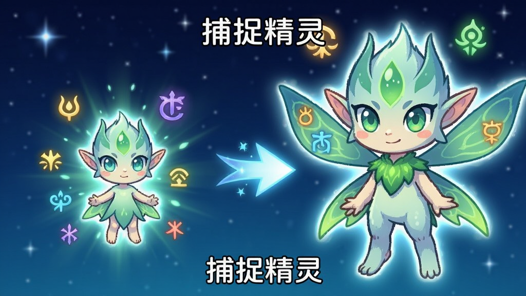 画面中央展示一只精灵从幼年形态向成熟形态进化的过程,采用左右对比构图,左侧为小体型精灵,右侧为进化后大体型精灵,中间以光效箭头连接,背景为深蓝色星空,风格为奇幻卡通,细节包含进化光芒、属性符号漂浮,画质清晰干净,画面中文字“捕捉精灵”