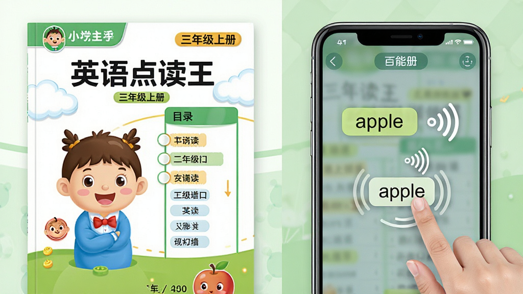 一幅AI生图,主体为“英语点读王”课本同步点读功能展示画面,布局采用左右分栏,左侧为小学英语课本封面和目录列表,右侧为手机屏幕显示点读界面,排版整齐,风格为现代教育科技风,细节包括课本上标注“三年级上册”、手机屏幕内句子高亮并带有声波图标、手指点击单词“apple”的示意动作,画质高清,干净无多余元素,背景为白色与浅绿色搭配
