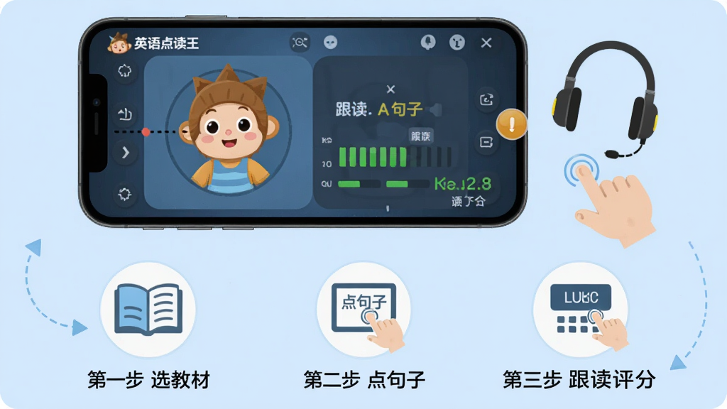 AI生图,主体为“英语点读王”手机端使用操作示意图,布局为上下结构,上方为手机屏幕显示点读界面和跟读评分,下方为操作步骤图标,排版清晰,风格为扁平化教程风,细节包括“第一步 选教材”“第二步 点句子”“第三步 跟读评分”三个图标、手机旁有耳机和手指点击示意,画质高清,干净无多余元素,背景为浅蓝色