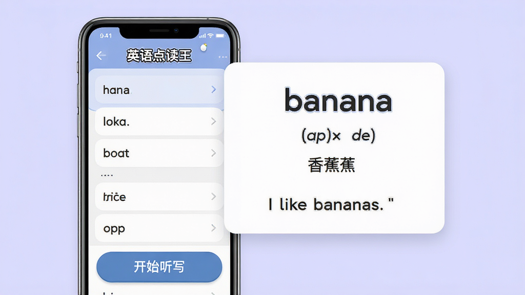 AI生图,主体为“英语点读王”单词速查与听写功能界面,布局采用手机屏幕加浮动卡片形式,排版左侧为单词列表,右侧为单词详情卡片,风格为简约学习风,细节包括卡片上显示单词“banana”、音标、中文释义“香蕉”和例句“I like bananas.”,屏幕底部有“开始听写”按钮,画质高清,干净无多余元素,背景为浅紫色