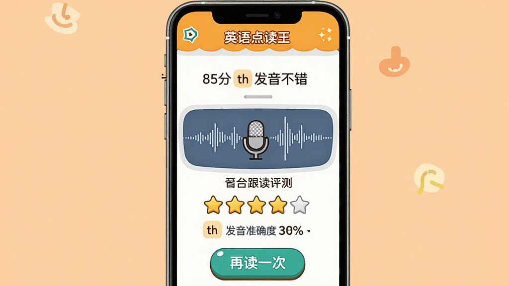 AI生图,主体为“英语点读王”智能跟读评测界面,布局为手机屏幕居中展示,排版上方为课文句子,中间为麦克风录音波形,下方为评分星级和发音准确度百分比,风格为活泼卡通教育风,细节包括屏幕内显示“85分 发音不错”、标红单词“th”音提示、底部“再读一次”按钮,画质高清,干净无多余元素,背景为浅橙色