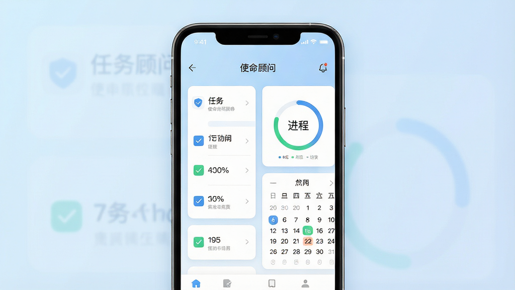 一张简洁现代的智能手机界面展示图,屏幕中央显示“使命顾问”应用主界面,包含任务列表、进度环与日历视图,背景为柔和浅蓝色渐变,布局采用卡片式设计,风格清新商务,细节包括图标、复选框与百分比数字,画质高清,干净无多余元素