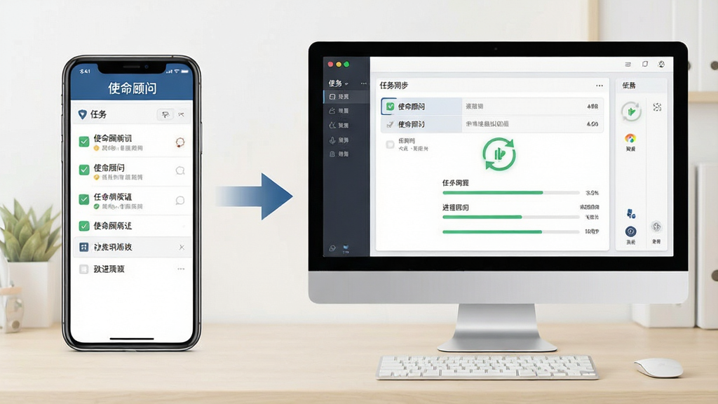 一张“使命顾问”在手机与电脑模拟器上同时运行的对比示意图,左侧为手机界面,右侧为电脑大屏界面,中间用同步箭头连接,背景为浅色办公桌面,风格简洁实用,细节包括任务列表、进度条与同步图标,画质清晰,无多余装饰