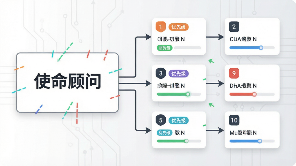 一张展示“使命顾问”智能拆解功能的示意图,画面左侧是一个大目标输入框,右侧延伸出多个子任务卡片,卡片上带有优先级标签与进度条,背景为白色与浅灰搭配,风格极简科技感,细节包括箭头连接、数字标识与彩色标签,画质清晰,无杂乱元素