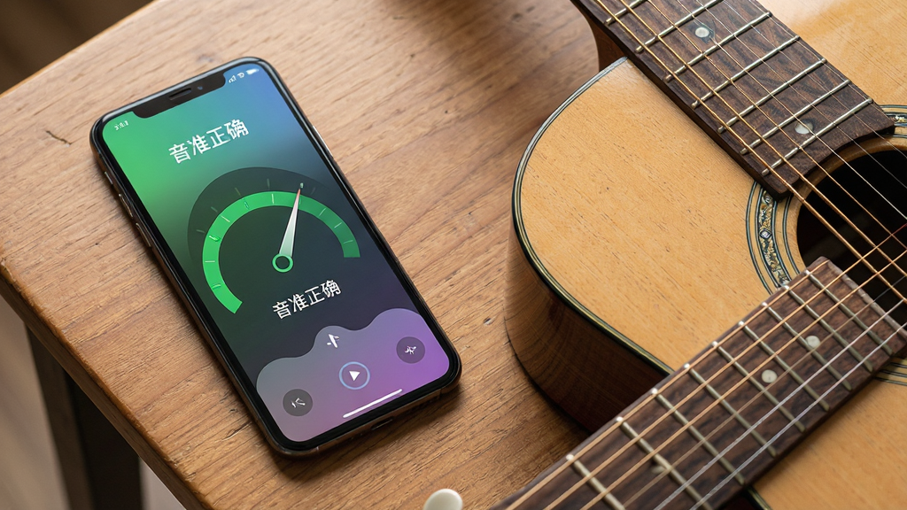 一部手机放置在木质桌面上,屏幕显示音准识别界面,指针指向绿色区域表示音准正确,旁边放着一把原声吉他,画面采用45度俯拍视角,布局左侧为手机右侧为吉他局部,排版均衡,风格为清新写实,细节包括琴弦的金属光泽与屏幕UI的细腻渐变,画质高清,画面干净,屏幕中显示“音准正确”文字