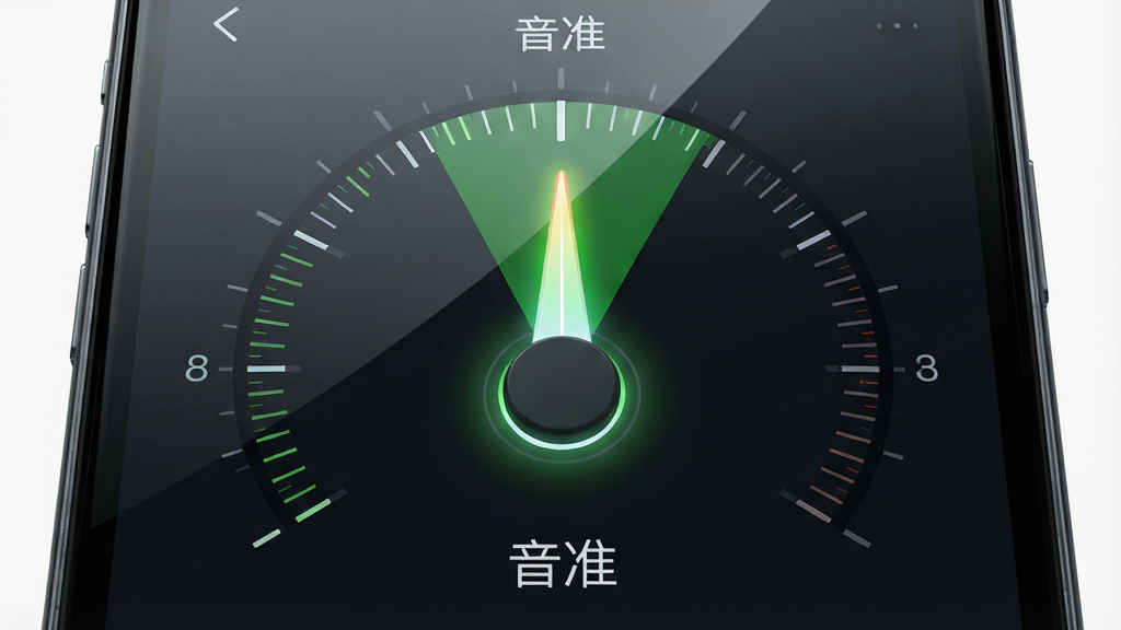 一张手机屏幕特写图片,屏幕显示调音指针位于正中央绿色区域,周围有刻度线,背景为深色,布局为居中对称,排版简洁,风格为科技感UI,细节包括指针的光晕效果与屏幕的玻璃反光,画质高清,画面干净无多余元素,屏幕中显示“音准”文字