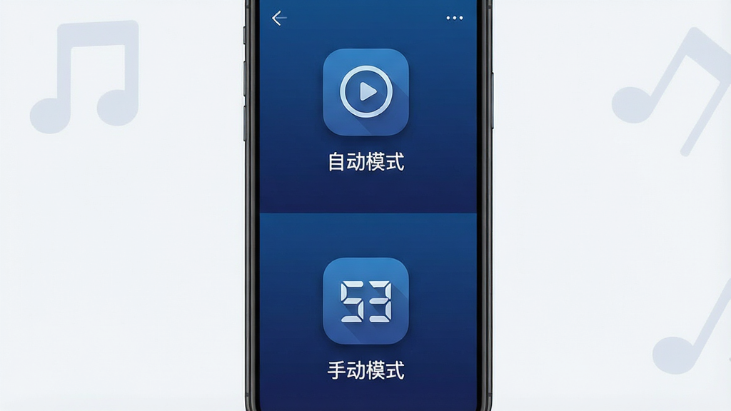 一张展示手机调音软件多模式选择界面的图片,画面中手机屏幕分为上下两部分,上半部分显示自动模式图标,下半部分显示手动模式图标,背景为深蓝色渐变,布局为垂直排列,排版清晰,风格为现代扁平化,细节包括图标的圆角与投影效果,画质高清,画面干净,屏幕中显示“自动模式”与“手动模式”文字