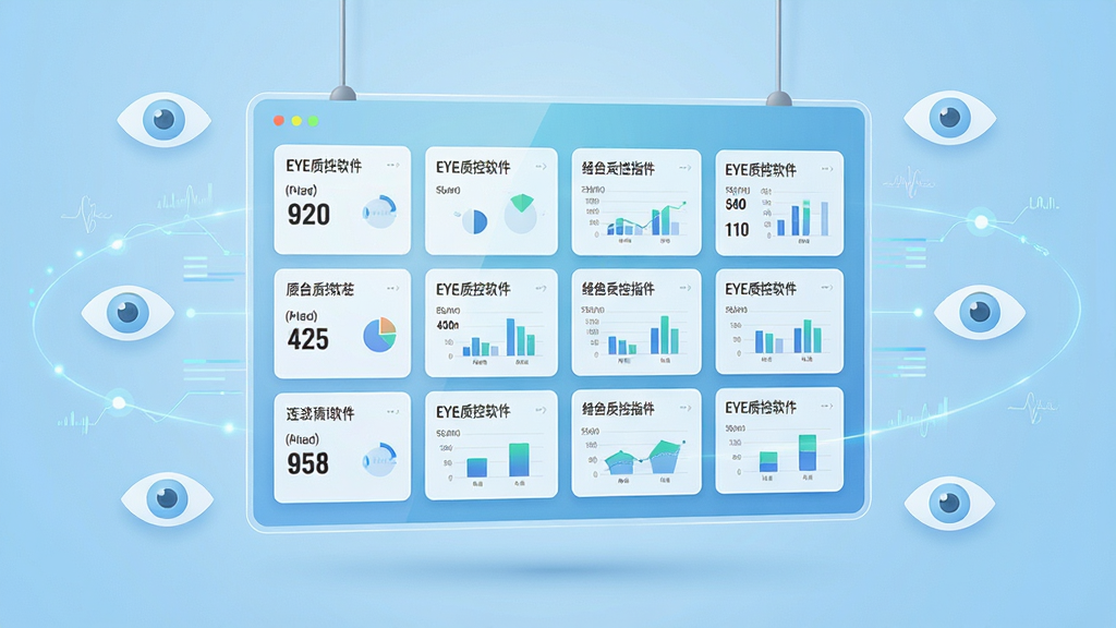 EYE质控软件功能展示图,画面中心为一块悬浮的数字化面板,面板上以网格形式排列多个眼科质控指标卡片,每张卡片上标注指标名称和数值,面板背景为浅蓝色渐变,周围环绕着眼睛图标和医疗数据线,布局整齐有序,风格为科技医疗风,细节包括卡片上的文字标签和微型图表,画质高清,干净,无多余元素。