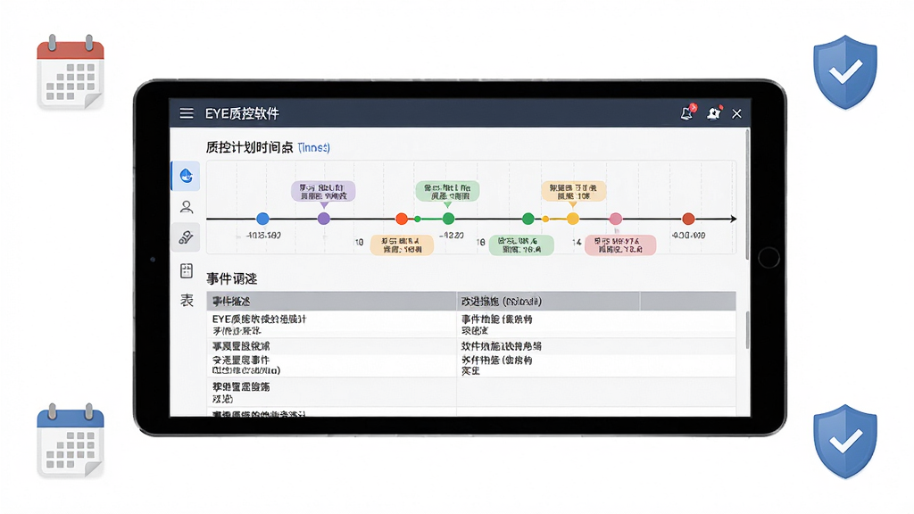 EYE质控软件质控计划管理界面展示,画面中央为一部横向放置的平板电脑,屏幕上显示质控计划时间轴和安全管理记录表,时间轴上标注各阶段目标节点,记录表包含事件描述和改进措施栏目,背景为纯白色,周围点缀日历图标和安全盾牌图标,布局清晰明了,风格为商务简约风,细节包括时间轴上的彩色标记和表格中的文字内容,画质高清,干净,无多余元素。