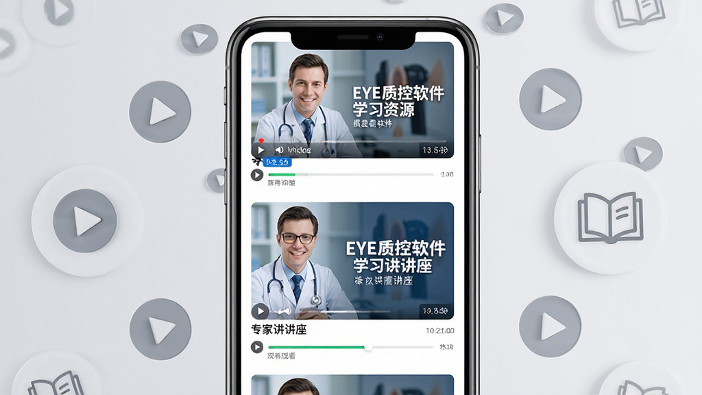 EYE质控软件学习资源页面展示,画面中央为一部智能手机,屏幕上显示视频播放列表和专家讲座封面,封面上有眼科医生照片和标题文字,背景为浅灰色,周围点缀播放按钮图标和书本图标,布局为垂直列表式,风格为教育学习风,细节包括视频时长标签和观看进度条,画质高清,干净,无多余元素。