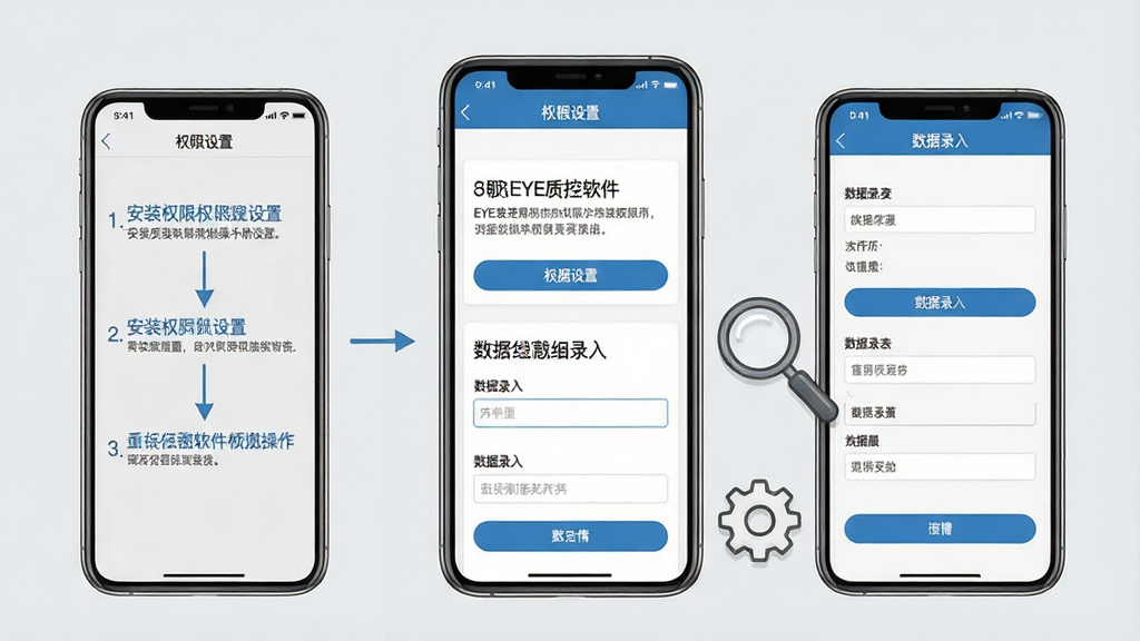 EYE质控软件移动端操作示意图,画面中央为一部竖屏智能手机,屏幕上显示安装权限设置界面和数据录入表单,手机旁边放置一个放大镜图标和齿轮图标,背景为浅灰色,布局为左右对比式,左侧为权限设置步骤,右侧为数据录入界面,风格为教程说明风,细节包括界面上的按钮和输入框,画质高清,干净,无多余元素。