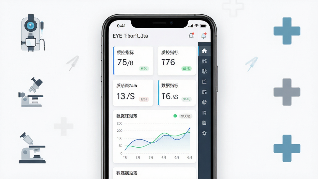 EYE质控软件主界面展示,画面中央放置一部智能手机,手机屏幕上显示眼科质控数据仪表盘,包含质控指标卡片、数据图表和导航菜单,背景为干净的白色医疗风格,周围点缀眼科检查仪器图标和医疗十字标志,整体布局简洁对称,风格为现代扁平化UI设计,细节包括屏幕上的数字、曲线图和状态标签,画质高清,干净,无多余元素。