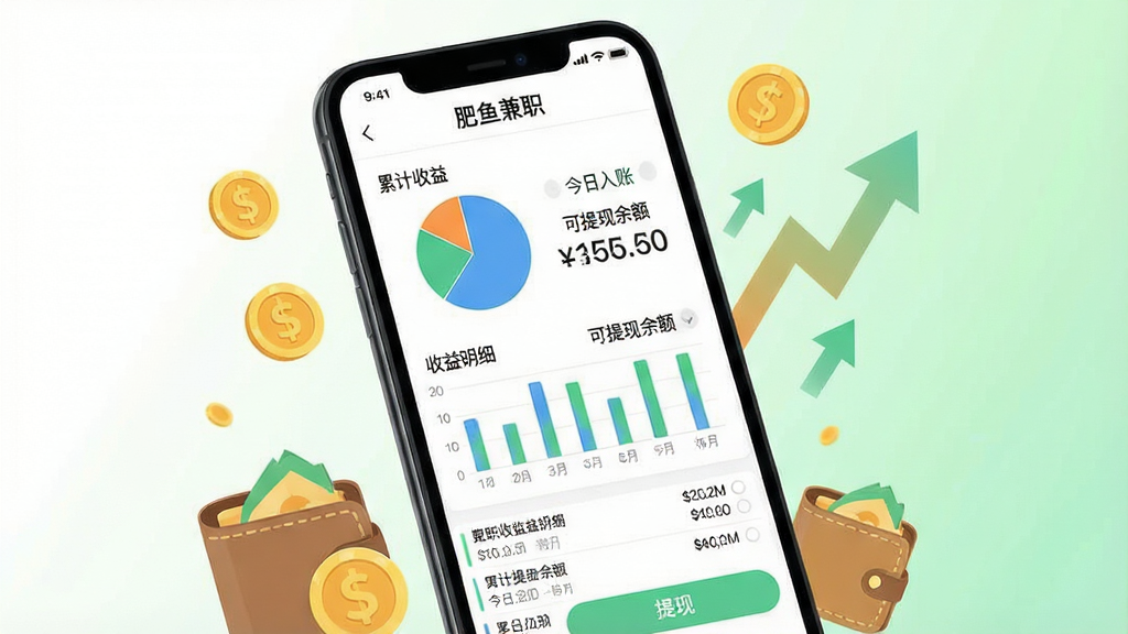 一幅展示“肥鱼兼职”收益统计页面的手机界面图,画面主体为手机屏幕,屏幕内显示饼状图、柱状图和收益数字,标注“累计收益”“今日入账”“可提现余额”等字样。手机周围环绕着金币、钱包和上升箭头图标,背景为简洁的白色与浅绿色渐变,风格为扁平化数据可视化设计,细节包括收益明细列表和提现按钮,画质清晰,干净,无多余元素。