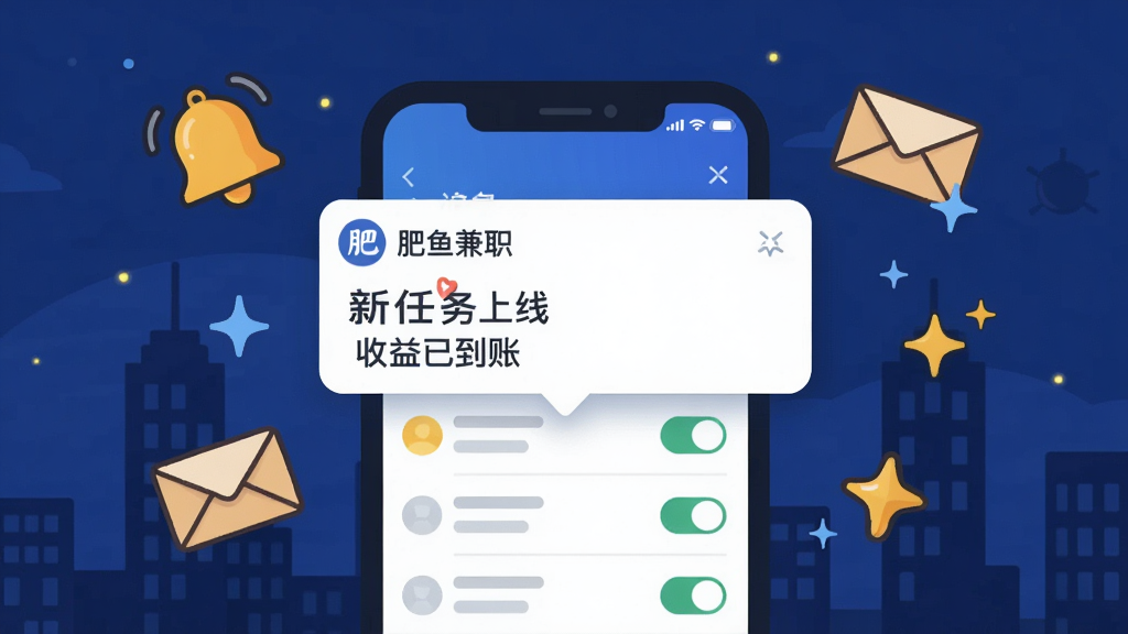 一幅表现消息通知功能的插画,画面中央是一部手机,屏幕弹出“肥鱼兼职”的消息通知气泡,内容显示“新任务上线”“收益已到账”。手机周围有铃铛、信封和闪烁的星星图标,背景为深蓝色夜空与城市剪影,风格为卡通扁平化,细节包括通知列表和设置开关,画质清晰,干净,无多余元素。