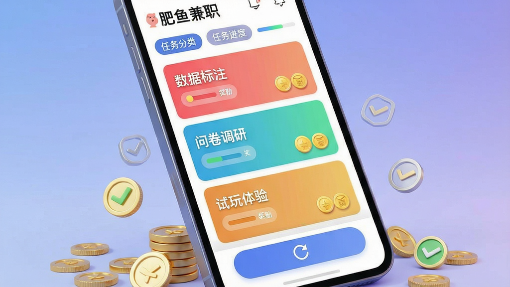 一幅展示“肥鱼兼职”APP任务大厅的界面概念图,画面主体为手机屏幕特写,屏幕内呈现色彩丰富的任务卡片列表,每张卡片上标注“数据标注”“问卷调研”“试玩体验”等字样及对应金币奖励。手机下方散落着金币和任务完成的勾选图标,背景为柔和的蓝紫色渐变,风格为3D渲染科技感,细节包括任务分类标签、进度条和刷新按钮,画质细腻,干净,无多余元素。