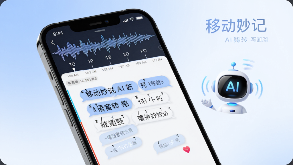 移动妙记AI语音转写场景,手机屏幕显示声波转为文字的过程,文字气泡整齐排列,旁边有AI机器人小图标,背景为柔和蓝白渐变,风格科技简洁,细节含时间轴和标点符号,画质高清干净无杂乱元素