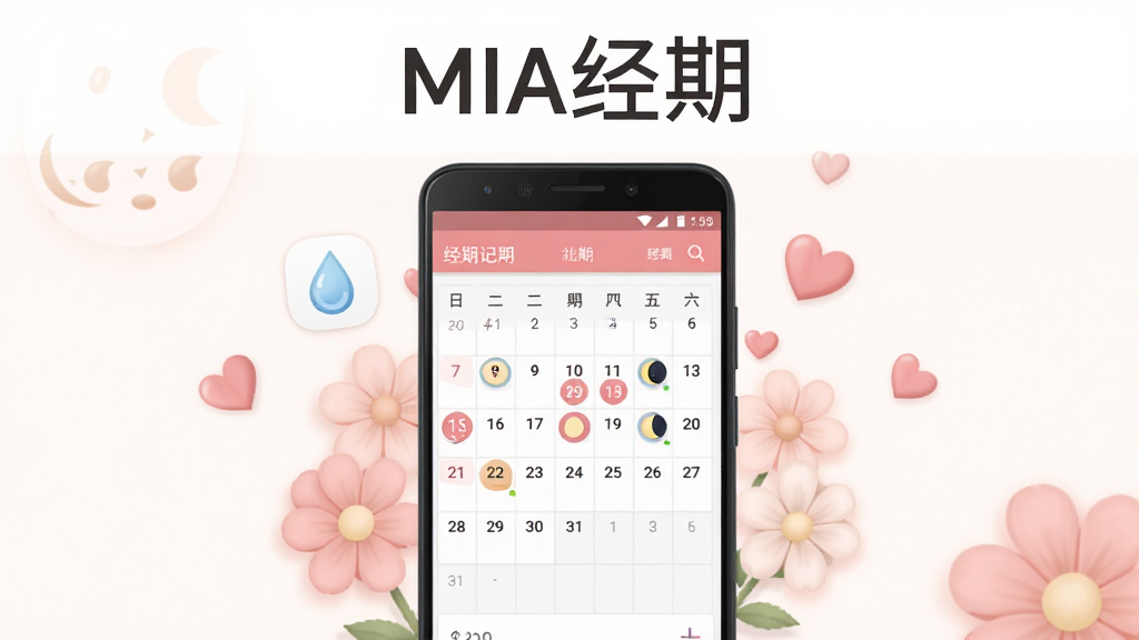 MIA经期应用主界面预览图,画面中央一部安卓手机,屏幕显示粉色系日历界面与经期记录图标,周围环绕柔和花朵与爱心元素,整体布局简洁对称,上方留白处放置文字