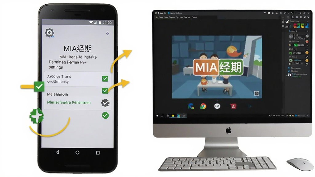 AI生成图片,画面展示一部安卓手机与一台电脑并排,手机屏幕显示MIA经期安装权限设置界面,电脑屏幕显示模拟器运行界面,布局左右对比,风格简洁教程风,细节包含勾选标记、齿轮图标与提示箭头,画质清晰干净,无多余元素,文字标注