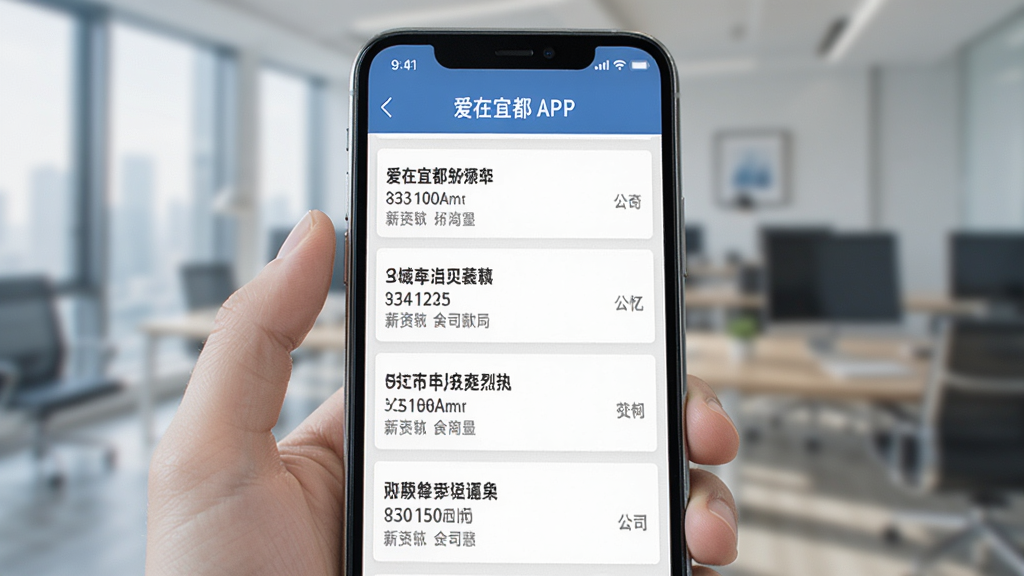 手机屏幕展示爱在宜都APP招聘分类页面,列表中显示多个招聘岗位名称、薪资范围和公司名称,界面布局整齐,风格商务,高清画质