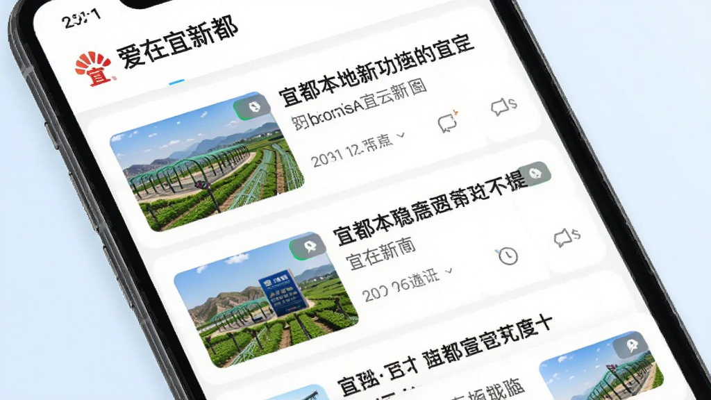 手机屏幕显示爱在宜都APP的新闻资讯页面,页面中排列着宜都本地新闻标题和缩略图,背景为浅色,风格简洁明快,画质清晰