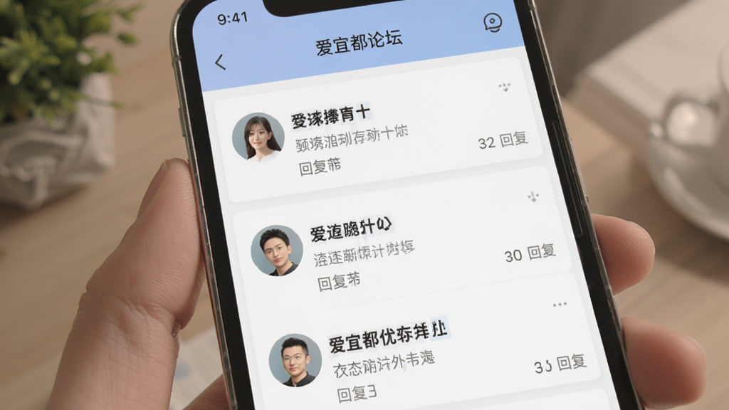 手机屏幕展示爱宜都论坛界面,帖子列表包含用户头像、标题和回复数,界面配色柔和,风格社交化,高清画质