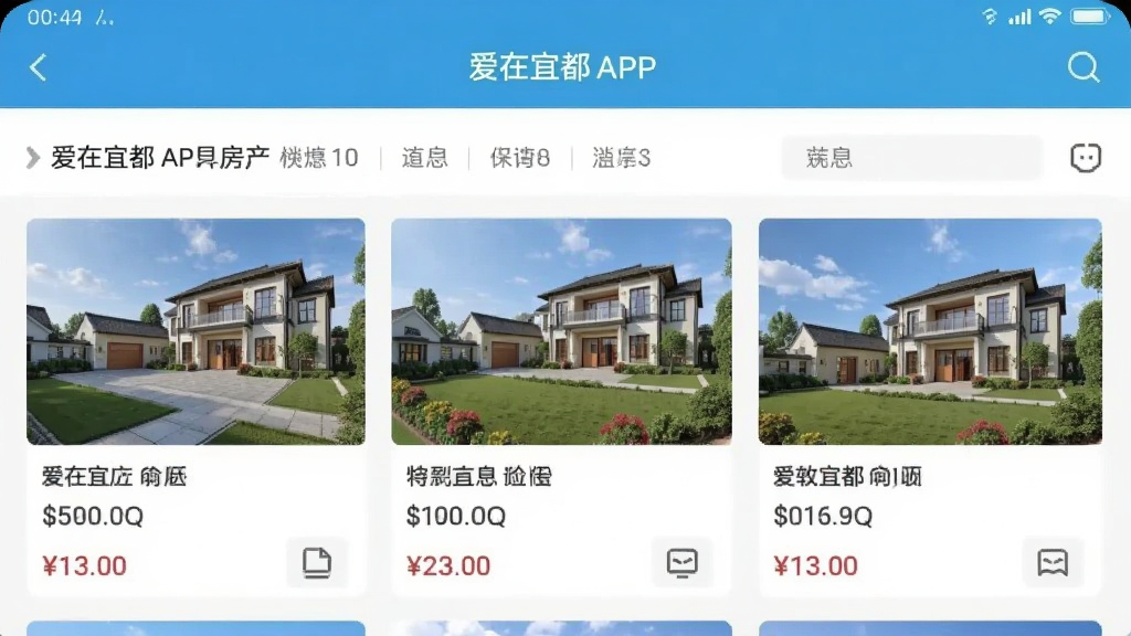 手机屏幕显示爱在宜都APP房产信息页面,页面中展示多套房源图片和价格信息,排版清晰,风格清新,画质干净