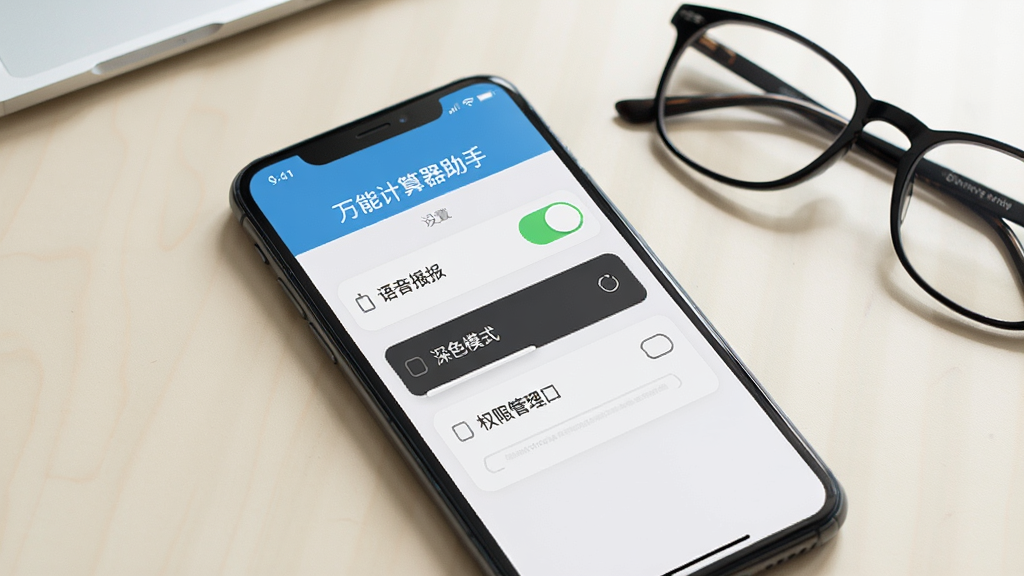 手机屏幕展示“万能计算器助手”设置页面,包含语音播报开关、深色模式选项与权限管理入口,背景为简洁的浅色桌面,旁边放置一副眼镜,风格写实清晰,细节丰富,画质干净
