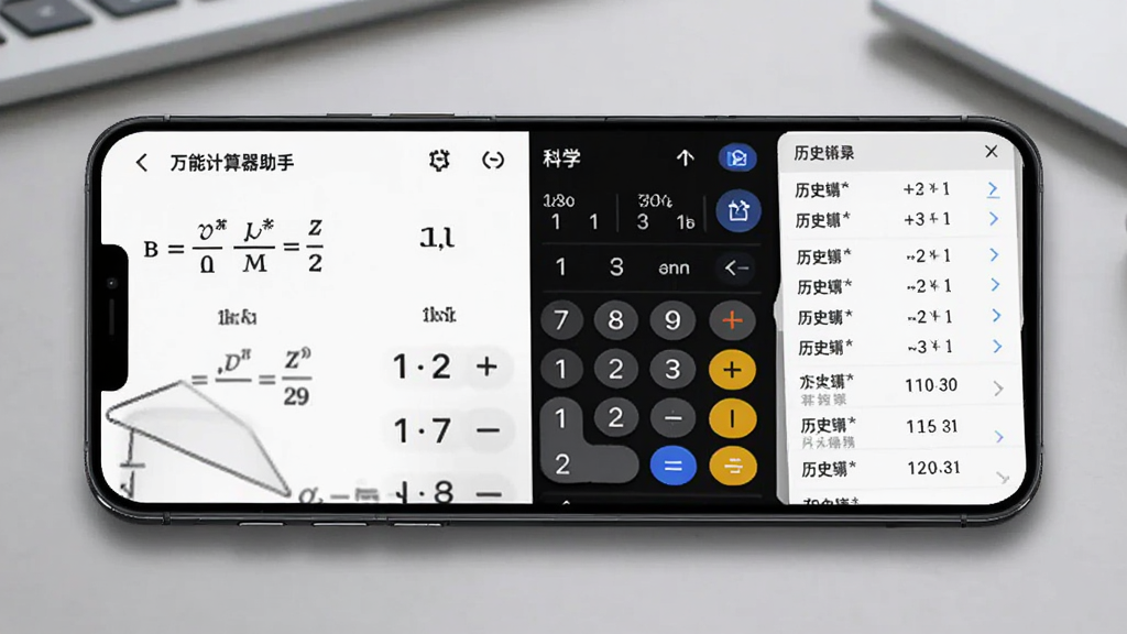 一部手机横屏展示“万能计算器助手”科学计算界面,屏幕上显示三角函数公式与计算结果,旁边配有展开的历史记录列表,背景为淡灰色工作台场景,风格简洁现代,细节清晰,画质干净