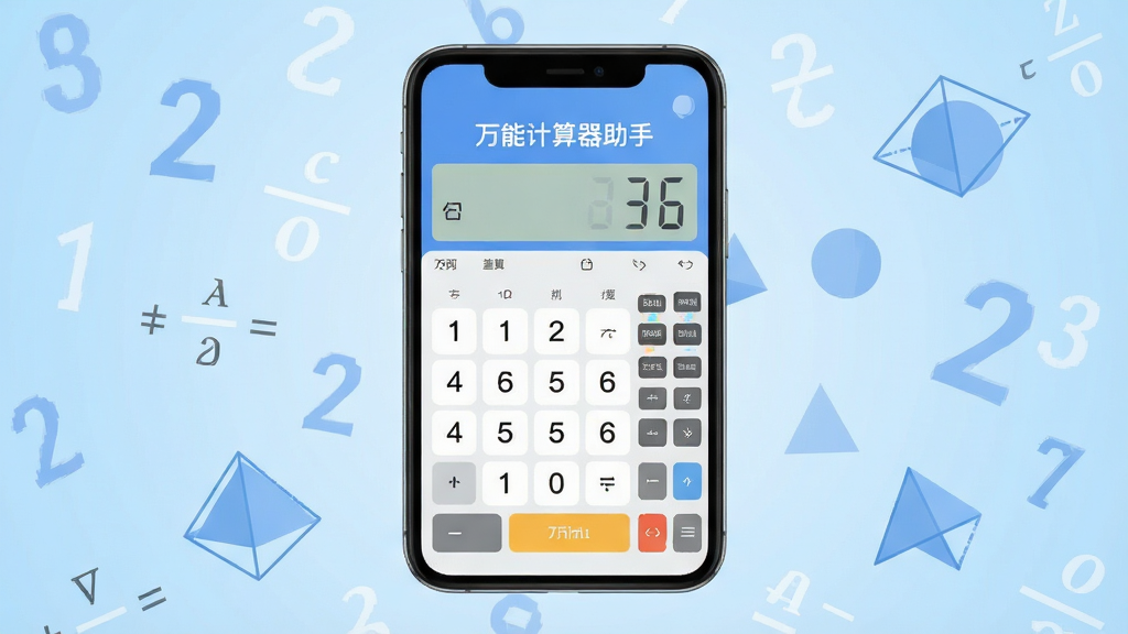 画面中央放置一部智能手机,手机屏幕显示“万能计算器助手”应用主界面,界面包含数字键盘与科学函数按键,背景为浅蓝色渐变,四周漂浮半透明的数学符号与几何图形,整体采用扁平化UI风格,细节清晰,画质干净,无多余元素