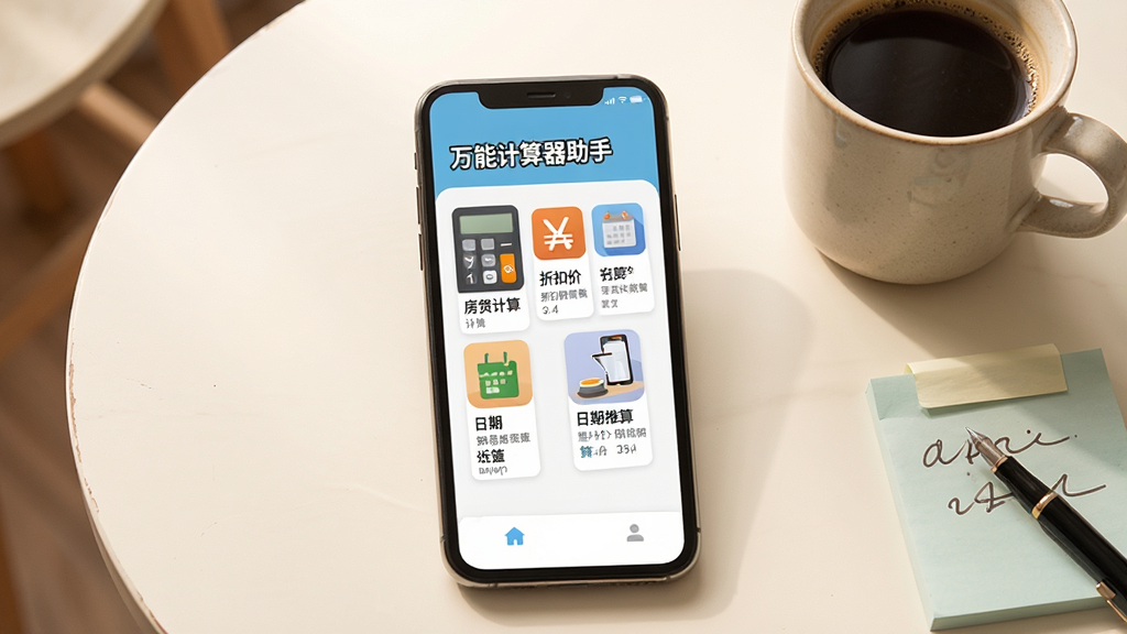 手机屏幕展示“万能计算器助手”的生活工具箱页面,包含房贷计算、折扣比价、日期推算等图标卡片,背景为暖白色桌面,旁边摆放咖啡杯与便签纸,风格清新生活化,细节丰富,画质干净