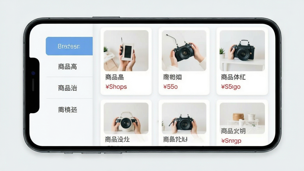 手机竖屏展示沐客商品管理页面,左侧为分类标签栏,右侧为商品卡片列表,每张卡片上有商品名称和价格,界面排版整齐,浅色背景,风格清新简约,细节清晰,高清画质,无多余元素