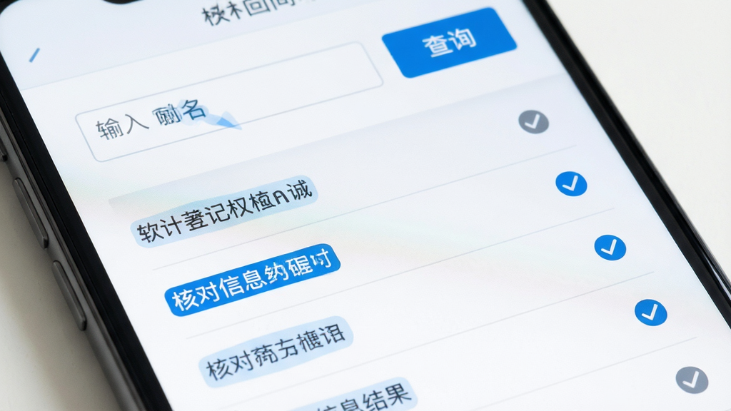 软件著作权信息核对功能界面展示,主体为手机屏幕特写,屏幕中呈现条目化的登记信息核对列表,布局为上下结构,上方为输入框与查询按钮,下方为核对结果条目,排版疏密有致,风格为清爽商务风,细节包含蓝色高亮字段、勾选图标与浅灰分隔线,画质清晰干净,画面无杂乱元素