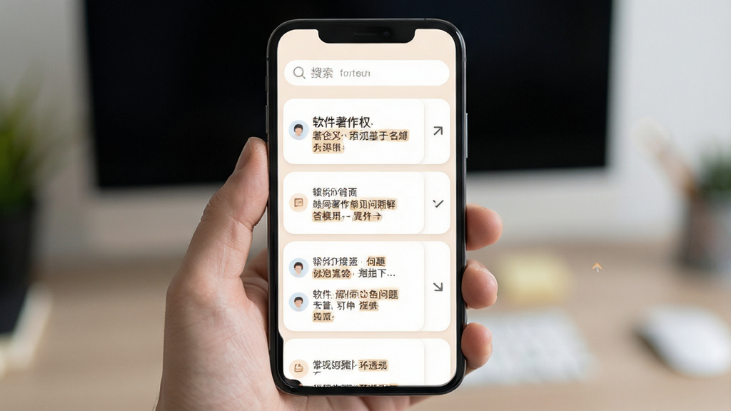 软件著作权常见问题解答模块界面,主体为手机应用页面,布局为顶部搜索框加下方问答列表折叠面板,排版为单列纵向排列,风格为柔和圆角卡片风,细节包含浅色背景、问答条目图标、展开箭头与关键词高亮,画质清晰柔和,画面整洁无冗余装饰