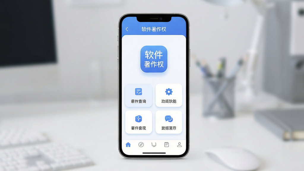 软件著作权应用主界面全貌展示,主体为一部智能手机屏幕,屏幕中央呈现