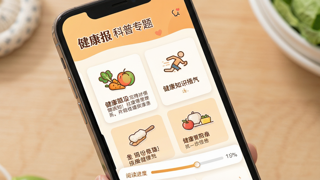 健康报科普专题页面,画面主体为手机屏幕显示健康知识图文卡片,卡片上有蔬菜水果与运动图标,布局为网格状专题入口,风格温暖亲和的健康科普视觉,细节包含专题标题与阅读进度条,画质清晰干净,无多余元素