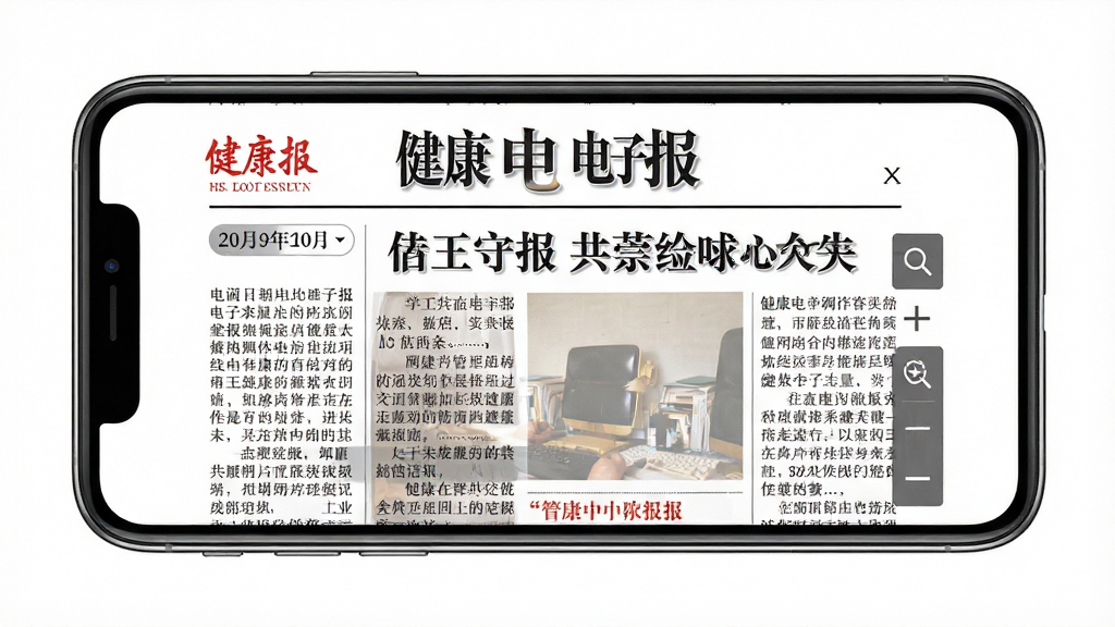 健康报电子报阅读界面,画面主体为手机横屏展示报纸版面,版面包含多栏文字与标题,布局为报纸式排版,风格传统报刊数字化呈现,细节包含日期选择栏与缩放控件,画质清晰干净,无多余元素