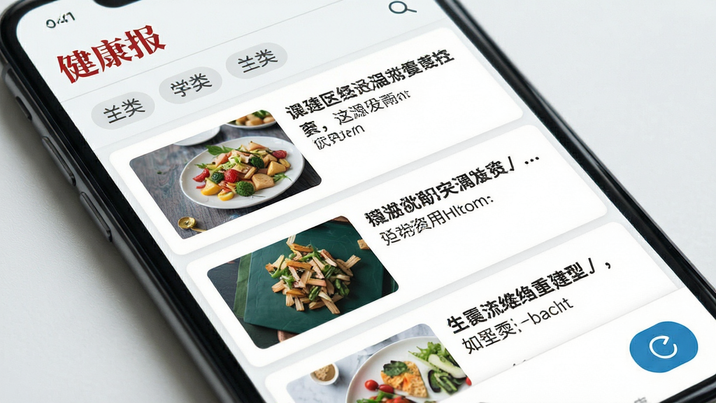 健康报应用资讯列表页面特写,画面主体为手机界面中排列整齐的新闻卡片,每张卡片带有标题与配图,布局为纵向滚动列表,风格清爽资讯类UI设计,细节包含分类标签栏与刷新按钮,画质清晰干净,无多余元素