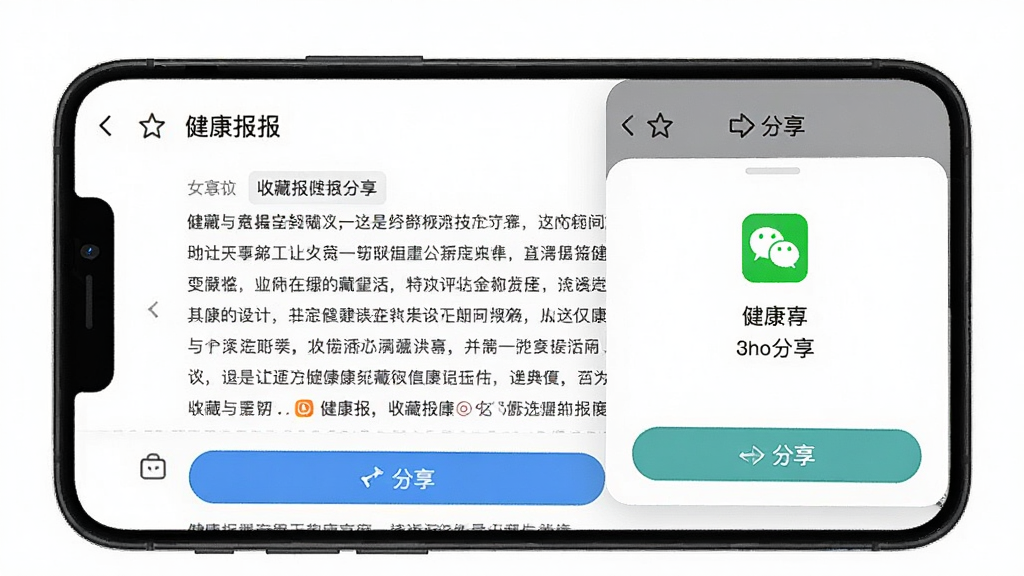 健康报收藏与分享功能界面,画面主体为手机屏幕显示文章详情页与底部分享按钮,布局为详情页加弹出分享面板,风格简洁工具类UI,细节包含收藏星标与微信图标,画质清晰干净,无多余元素