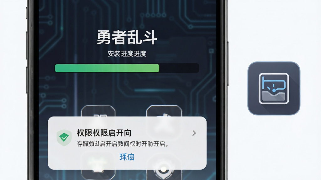 手机屏幕显示“勇者乱斗”安装进度条界面,下方有权限开启提示弹窗,画面右侧放置存储空间示意图标,整体风格简洁科技感,布局上下分层,细节清晰,画质干净,无多余元素