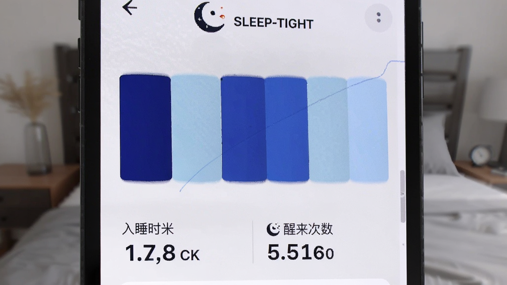 手机屏幕特写,显示 Sleep-Tight 的睡眠分期色块图,深蓝与浅蓝区块交替排列,下方有入睡时长和醒来次数数据;布局为屏幕占据画面主体,背景虚化为卧室床头;排版简洁突出图表;风格为科技感UI展示;细节包含细腻的屏幕像素和柔和背光;画质高清,干净,无多余元素